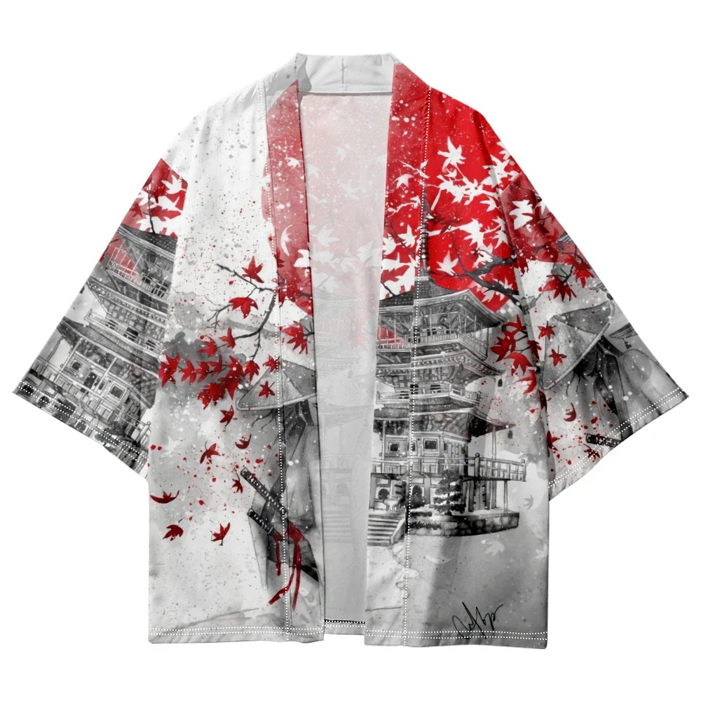 Japanese-themed Samurai Pagoda Red Sun Unisex Kimono-Enchanted peach