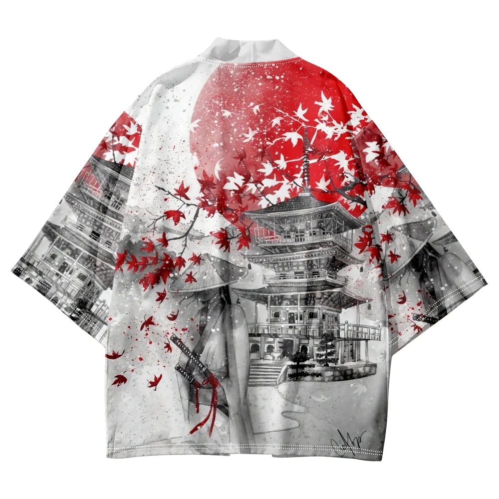 Japanese-themed Samurai Pagoda Red Sun Unisex Kimono-Enchanted peach