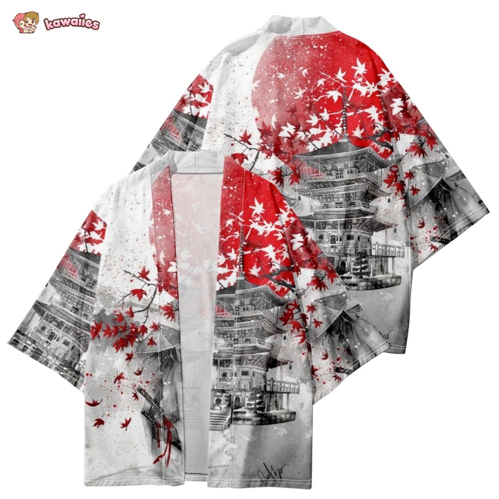 Japanese-themed Samurai Pagoda Red Sun Unisex Kimono-Enchanted peach