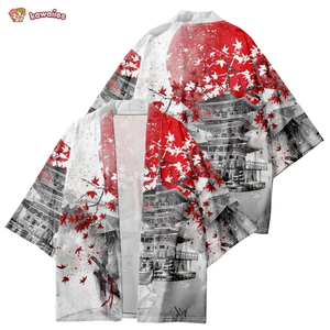 Japanese-themed Samurai Pagoda Red Sun Unisex Kimono-Enchanted peach