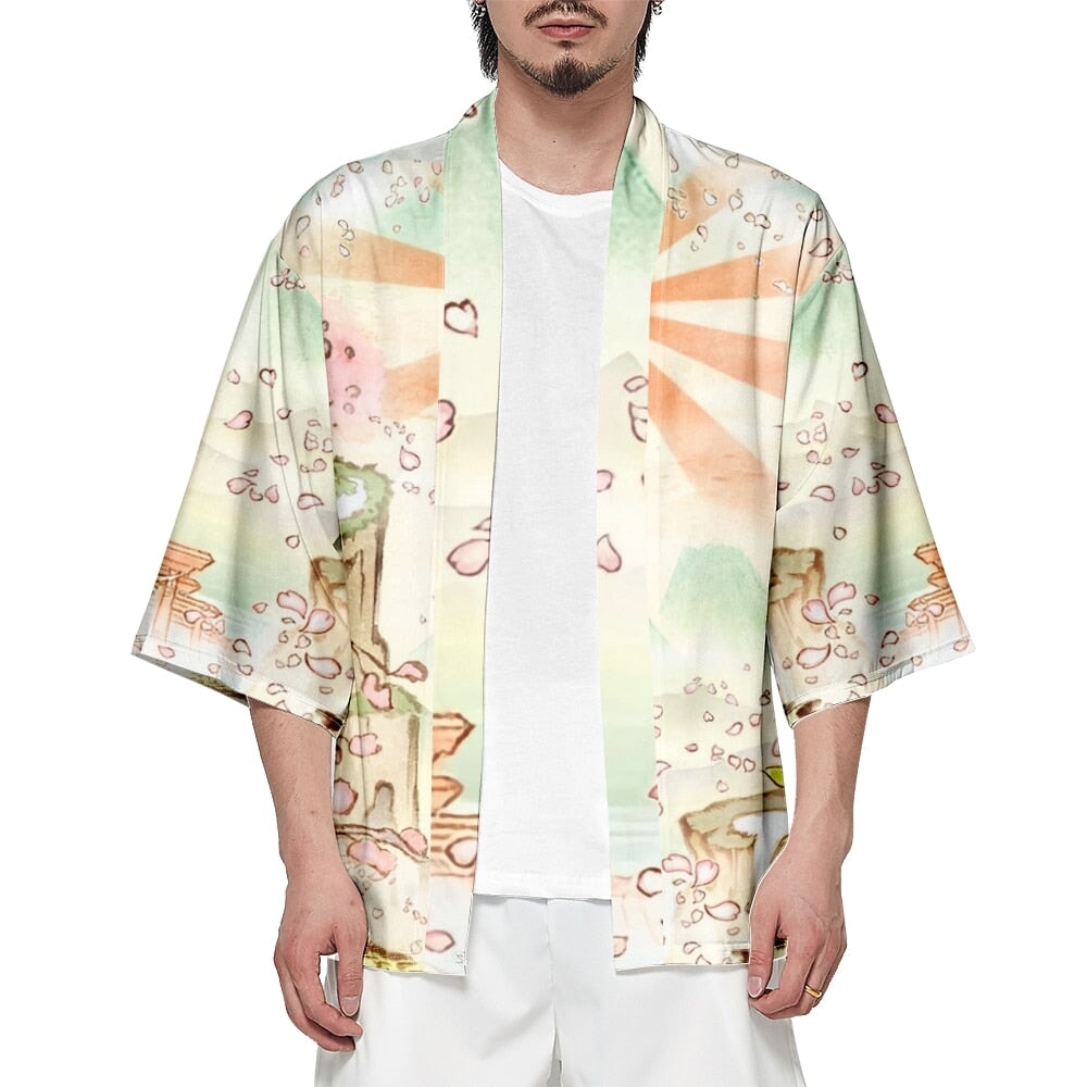 Japanese-themed Spirited Away White Wolf Unisex Kimono-Enchanted peach