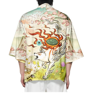 Japanese-themed Spirited Away White Wolf Unisex Kimono-Enchanted peach