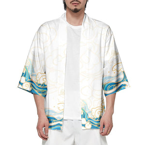 Japanese-themed Three Crane Waves White Unisex Kimono-Enchanted peach