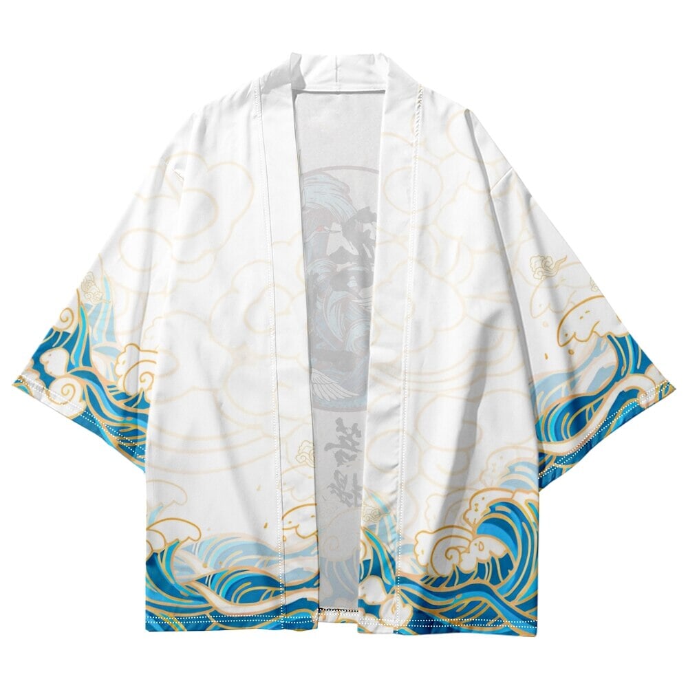 Japanese-themed Three Crane Waves White Unisex Kimono-Enchanted peach