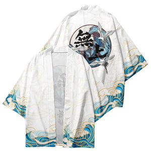 Japanese-themed Three Crane Waves White Unisex Kimono-Enchanted peach