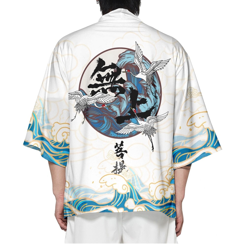 Japanese-themed Three Crane Waves White Unisex Kimono-Enchanted peach