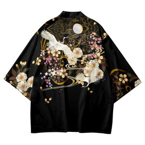 Japanese-themed White Crane Black Gold Unisex Kimono-Enchanted peach