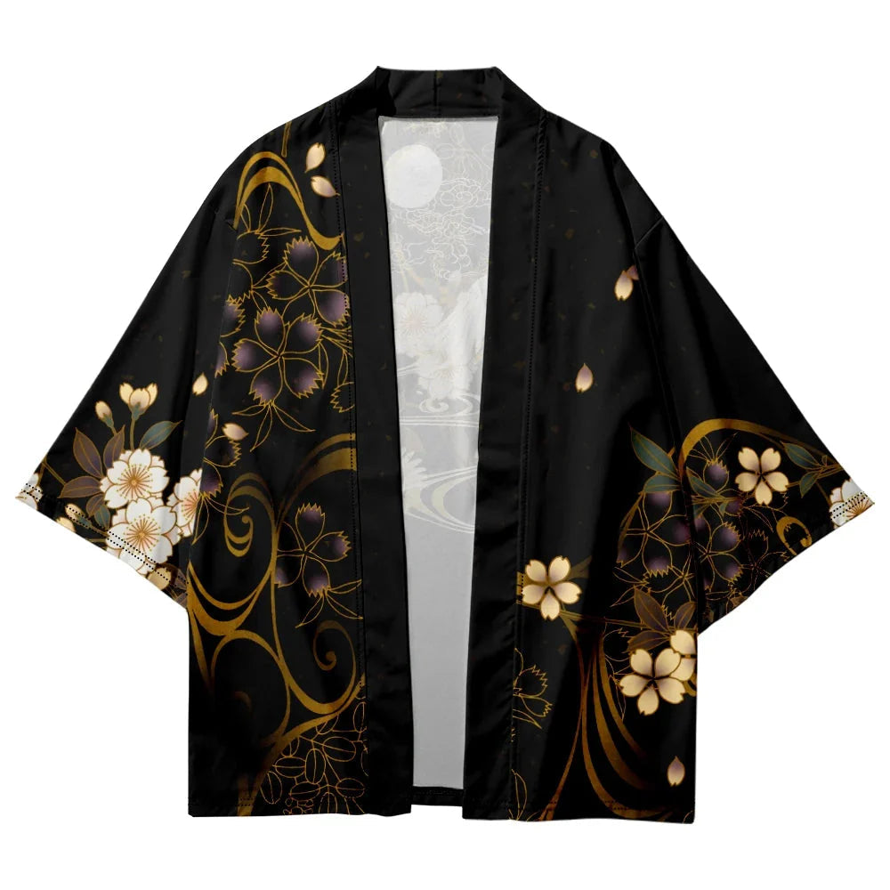 Japanese-themed White Crane Black Gold Unisex Kimono-Enchanted peach