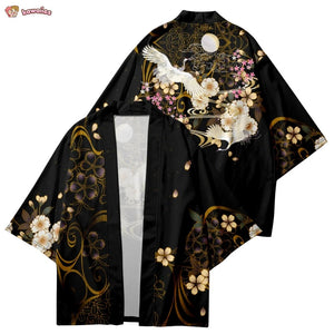 Japanese-themed White Crane Black Gold Unisex Kimono-Enchanted peach