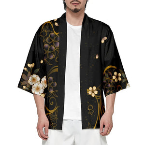 Japanese-themed White Crane Black Gold Unisex Kimono-Enchanted peach