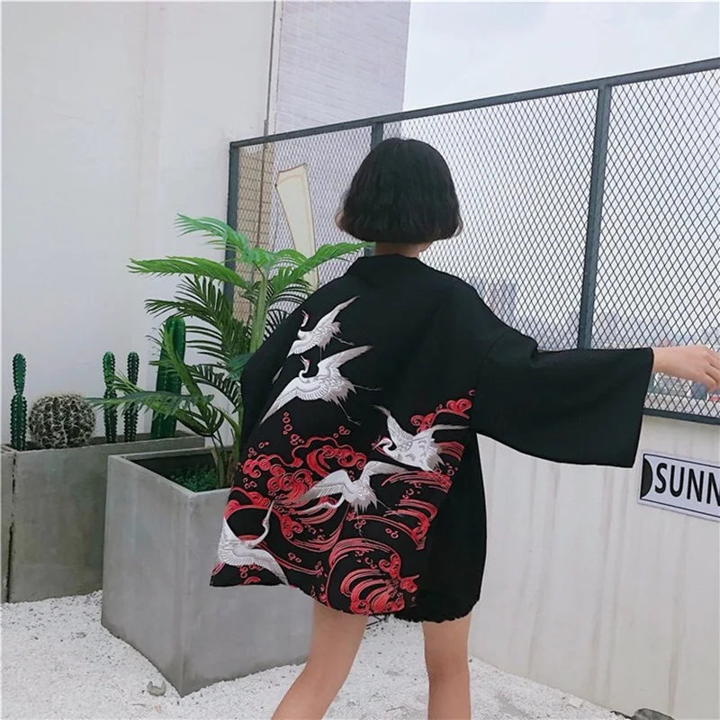 Japanese-themed White Cranes Red Black Women's Kimono-Enchanted peach