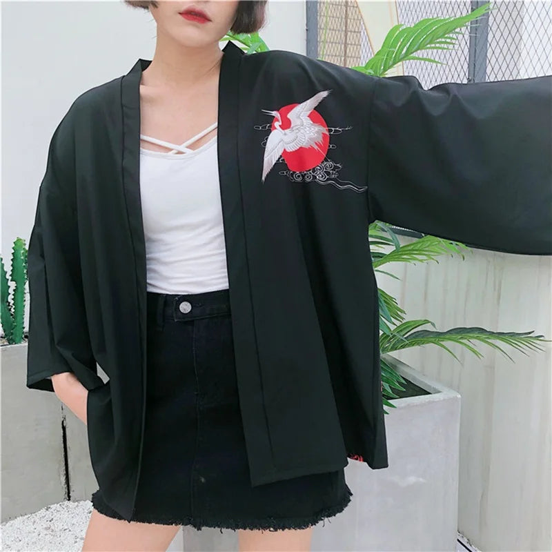 Japanese-themed White Cranes Red Black Women's Kimono-Enchanted peach