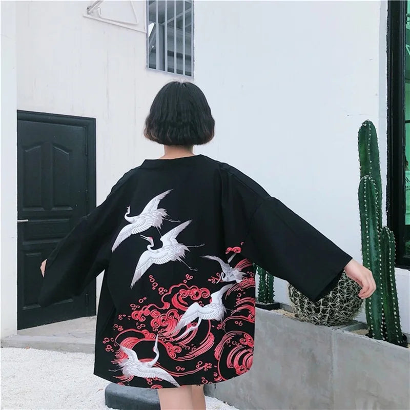 Japanese-themed White Cranes Red Black Women's Kimono-Enchanted peach