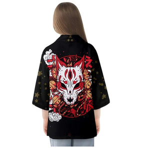 Japanese-themed White Fox Mask Print Unisex Kimono-Enchanted peach