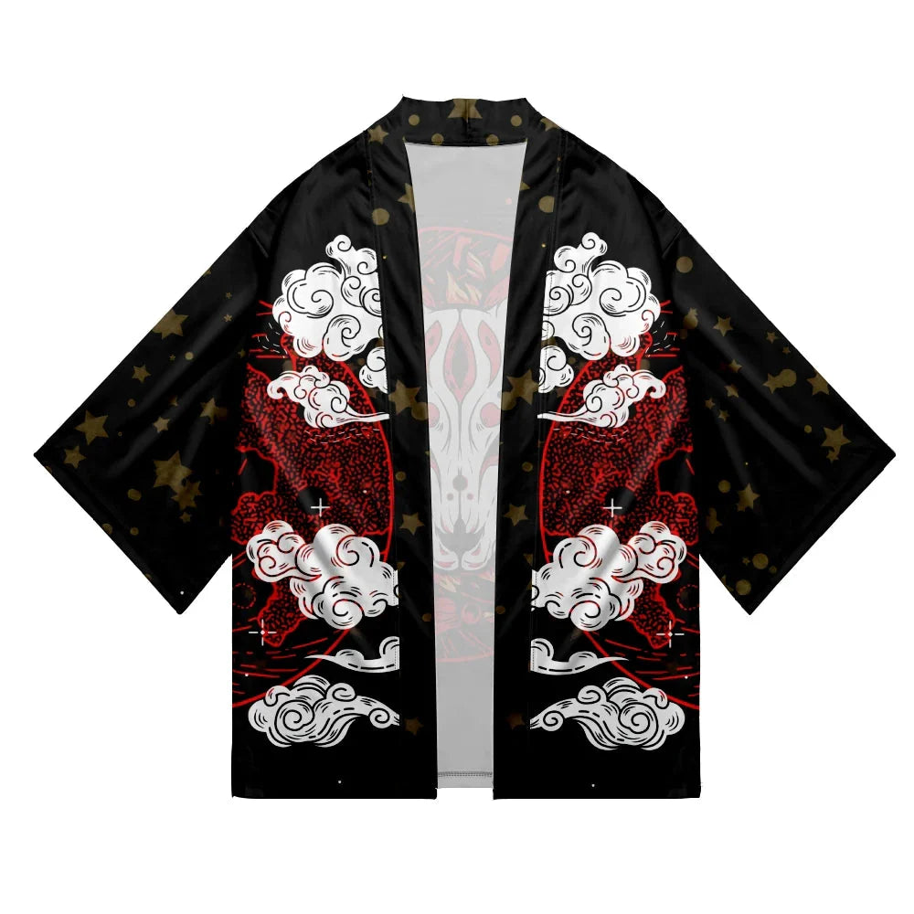 Japanese-themed White Fox Mask Print Unisex Kimono-Enchanted peach