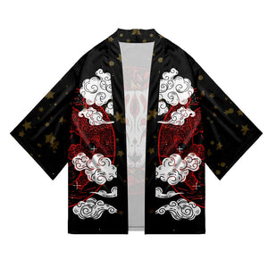 Japanese-themed White Fox Mask Print Unisex Kimono-Enchanted peach