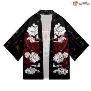 Japanese-themed White Fox Mask Print Unisex Kimono-Enchanted peach