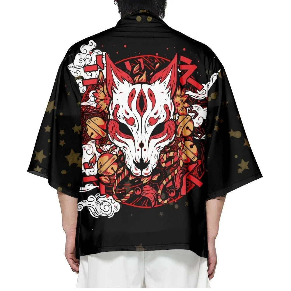 Japanese-themed White Fox Mask Print Unisex Kimono-Enchanted peach