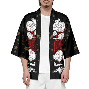 Japanese-themed White Fox Mask Print Unisex Kimono-Enchanted peach