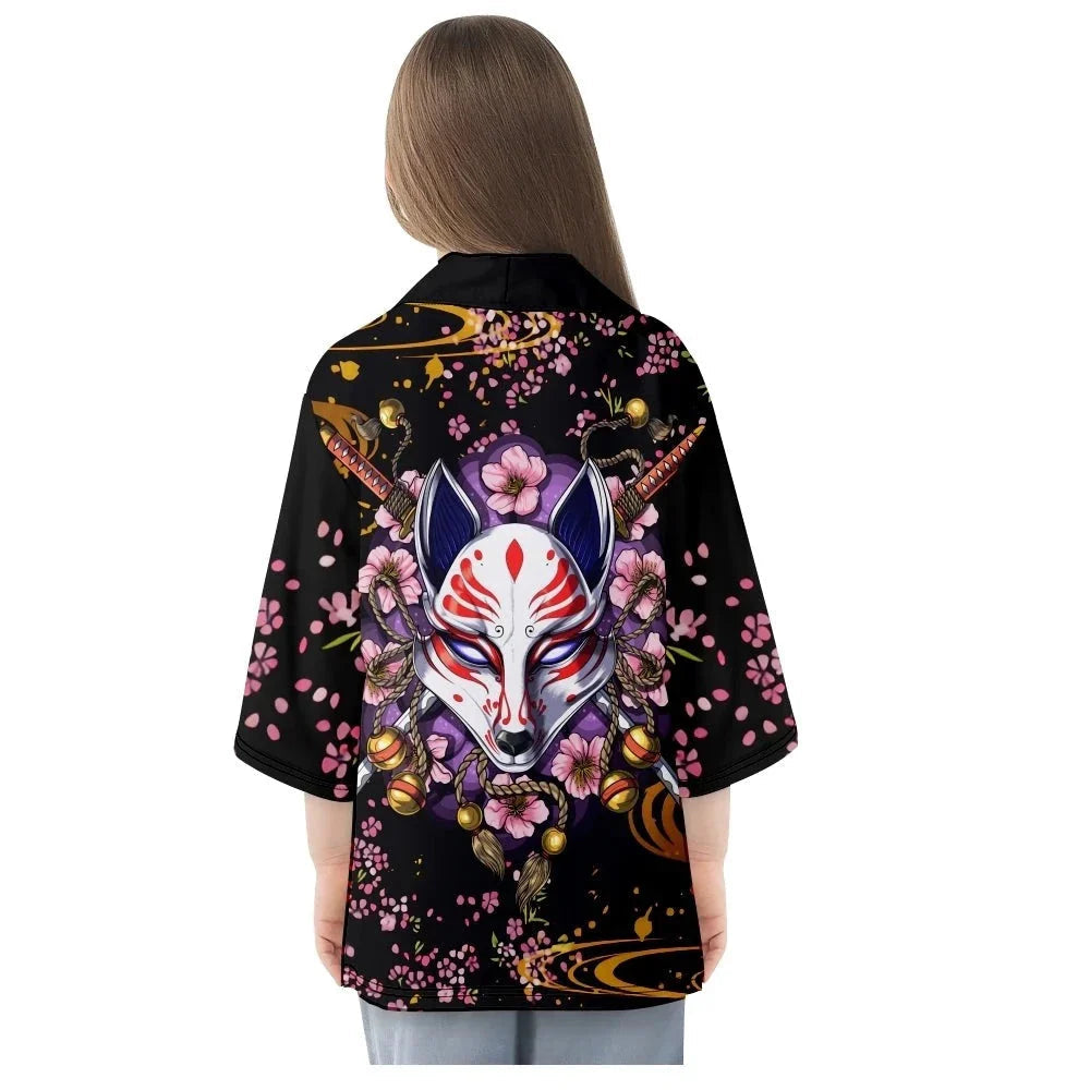 Japanese-themed White Fox Mask Sakura Unisex Kimono-Enchanted peach