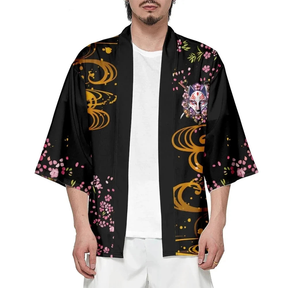 Japanese-themed White Fox Mask Sakura Unisex Kimono-Enchanted peach