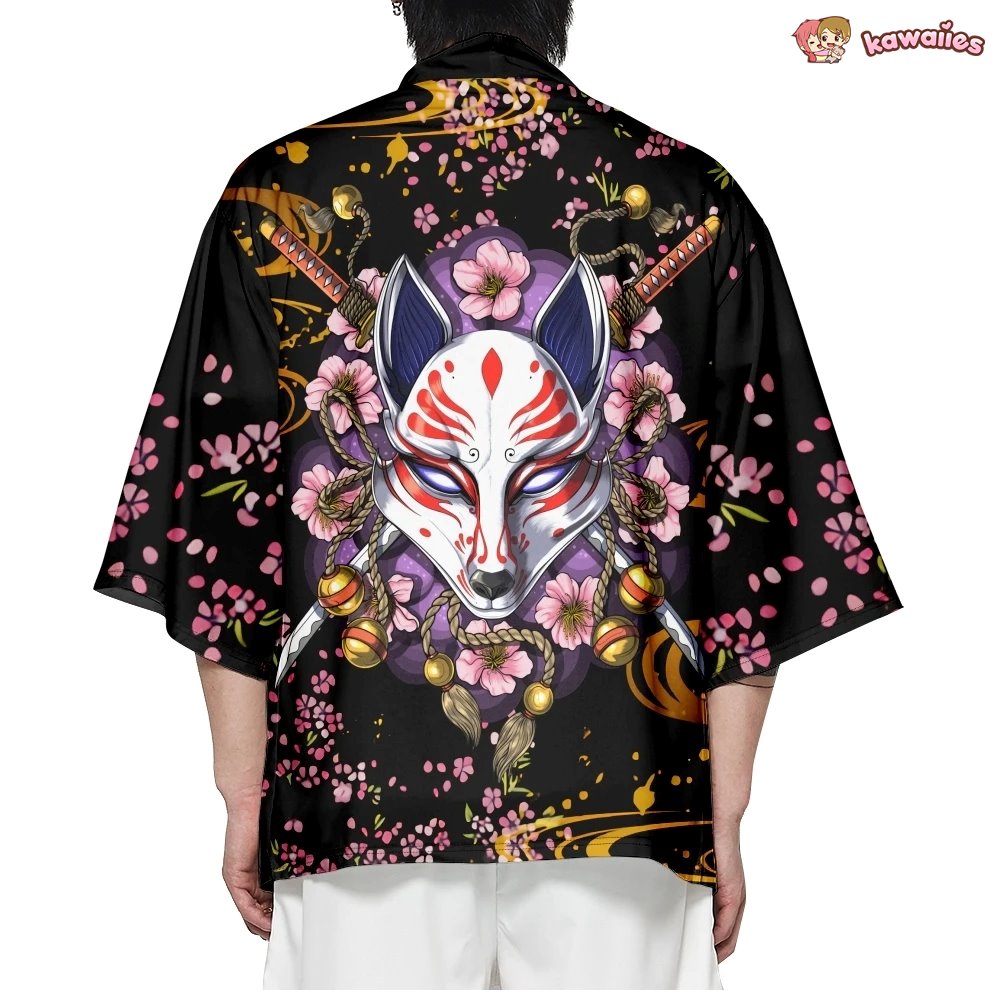 Japanese-themed White Fox Mask Sakura Unisex Kimono-Enchanted peach