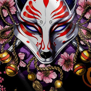 Japanese-themed White Fox Mask Sakura Unisex Kimono-Enchanted peach