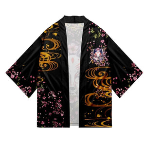 Japanese-themed White Fox Mask Sakura Unisex Kimono-Enchanted peach