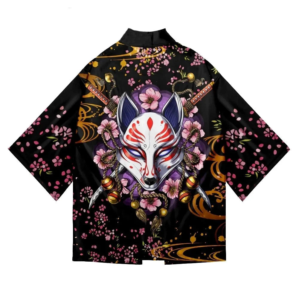 Japanese-themed White Fox Mask Sakura Unisex Kimono-Enchanted peach