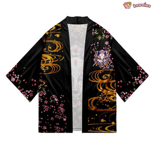 Japanese-themed White Fox Mask Sakura Unisex Kimono-Enchanted peach