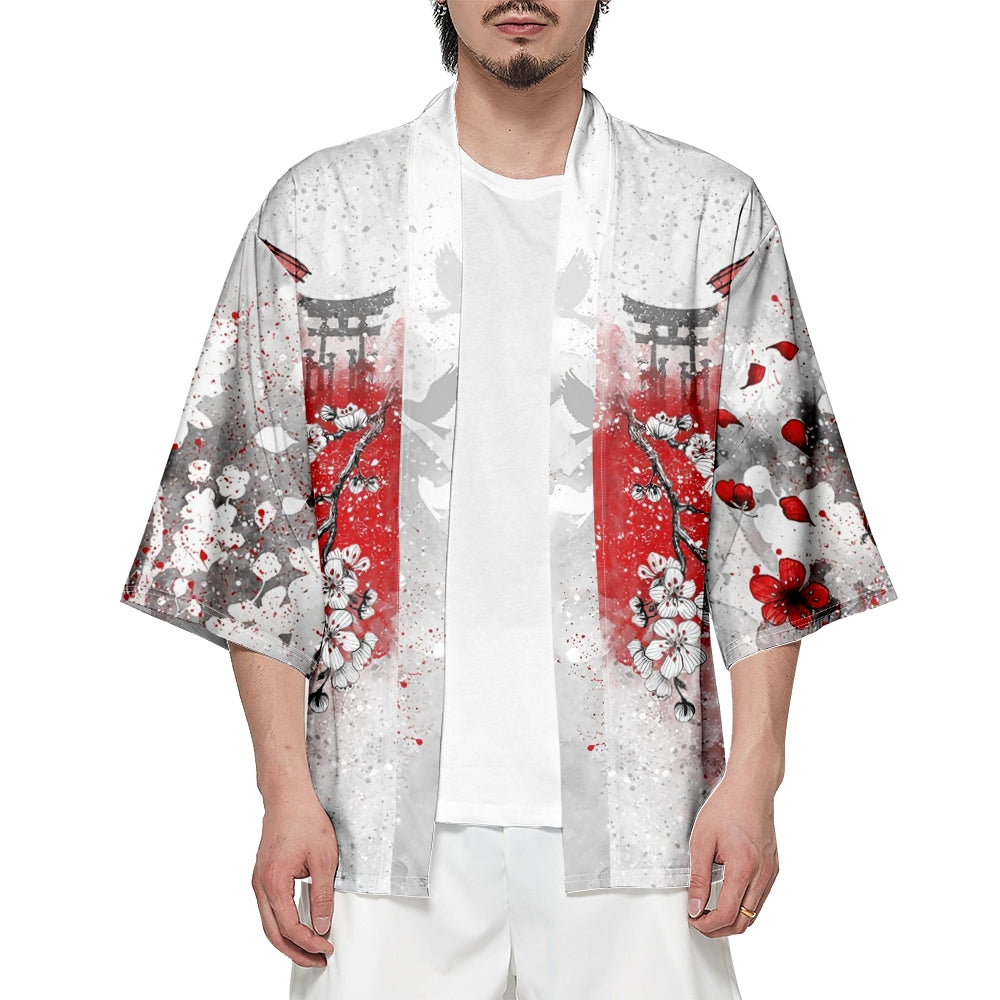 Japanese-themed White Kimono Lady Red Sakura Unisex Kimono-Enchanted peach