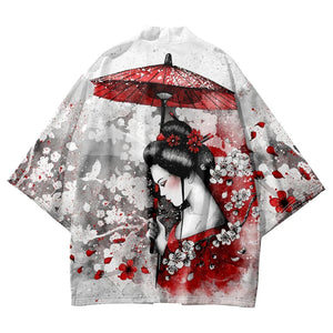 Japanese-themed White Kimono Lady Red Sakura Unisex Kimono-Enchanted peach