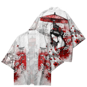 Japanese-themed White Kimono Lady Red Sakura Unisex Kimono-Enchanted peach