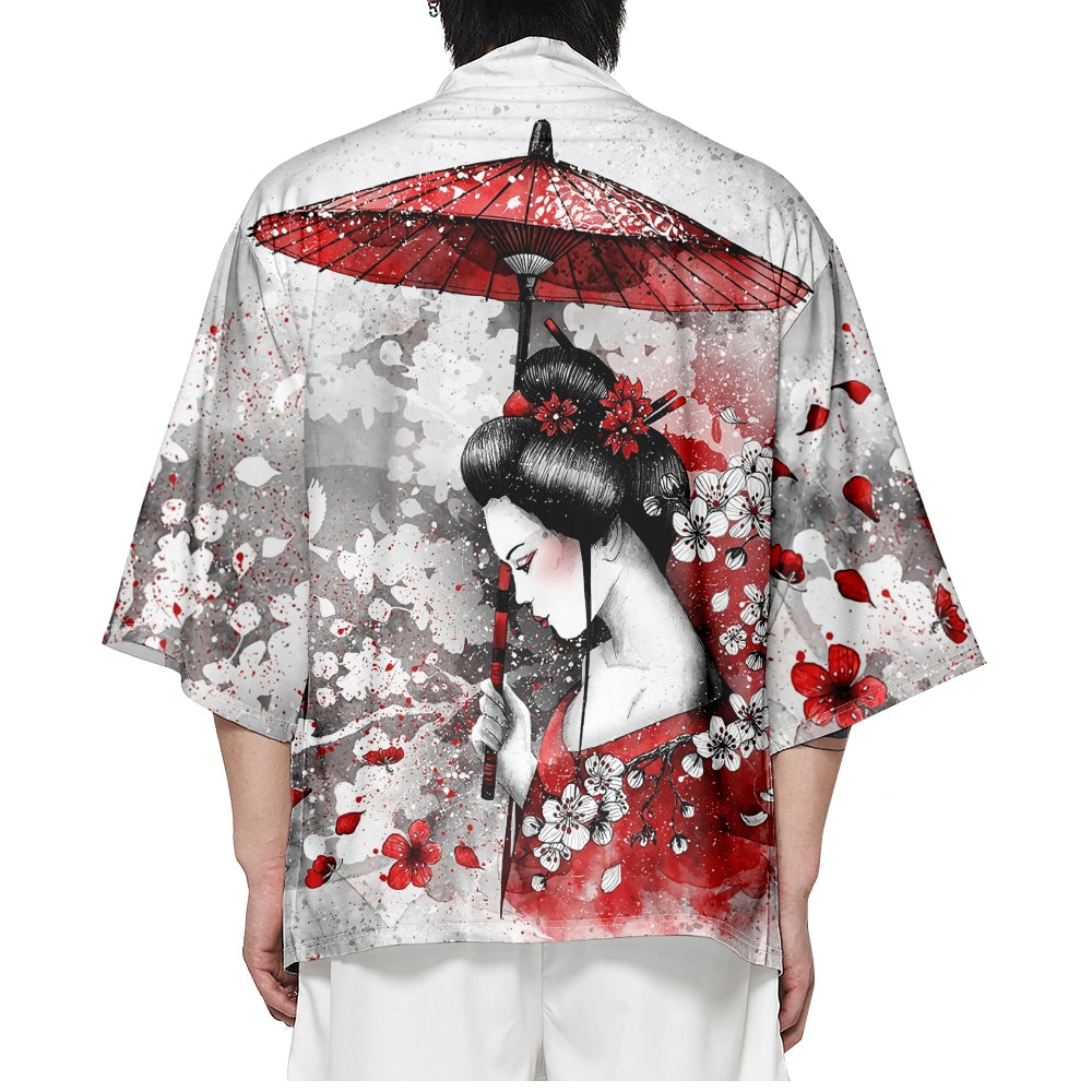 Japanese-themed White Kimono Lady Red Sakura Unisex Kimono-Enchanted peach