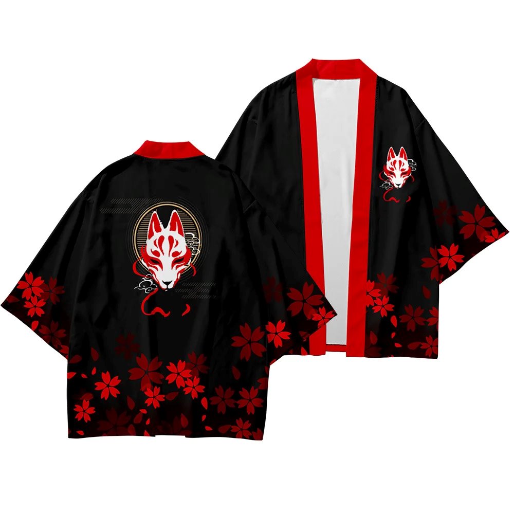 Japanese-themed White Wolf Mask Mens Kimono Yukata-Enchanted peach