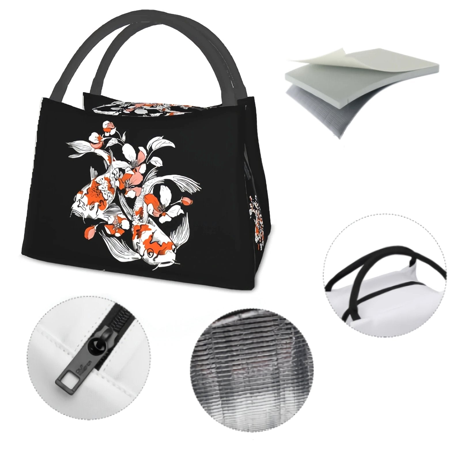 Japense-themed Koi And Sakura Black Lunch Bag-Enchanted peach