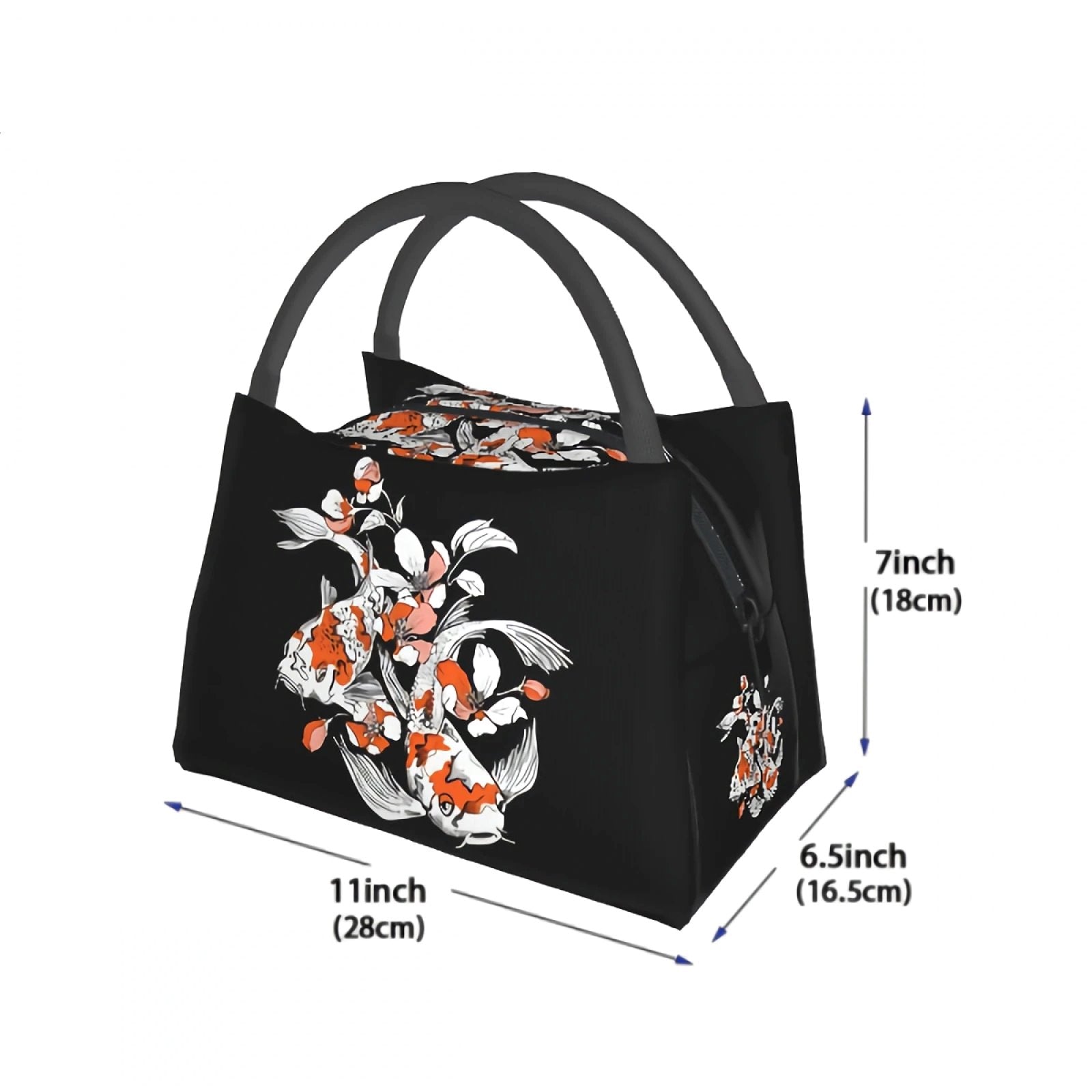 Japense-themed Koi And Sakura Black Lunch Bag-Enchanted peach