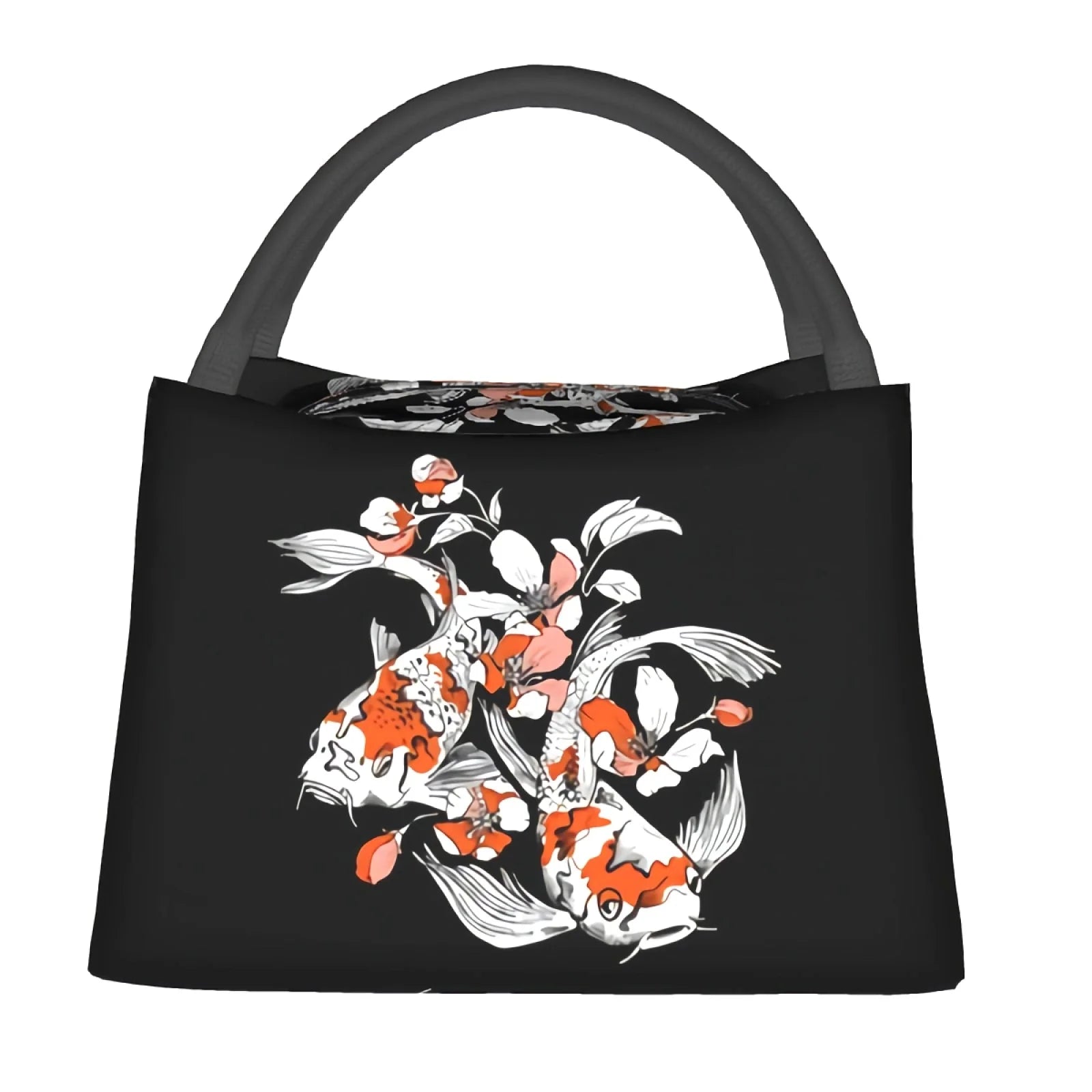 Japense-themed Koi And Sakura Black Lunch Bag-Enchanted peach