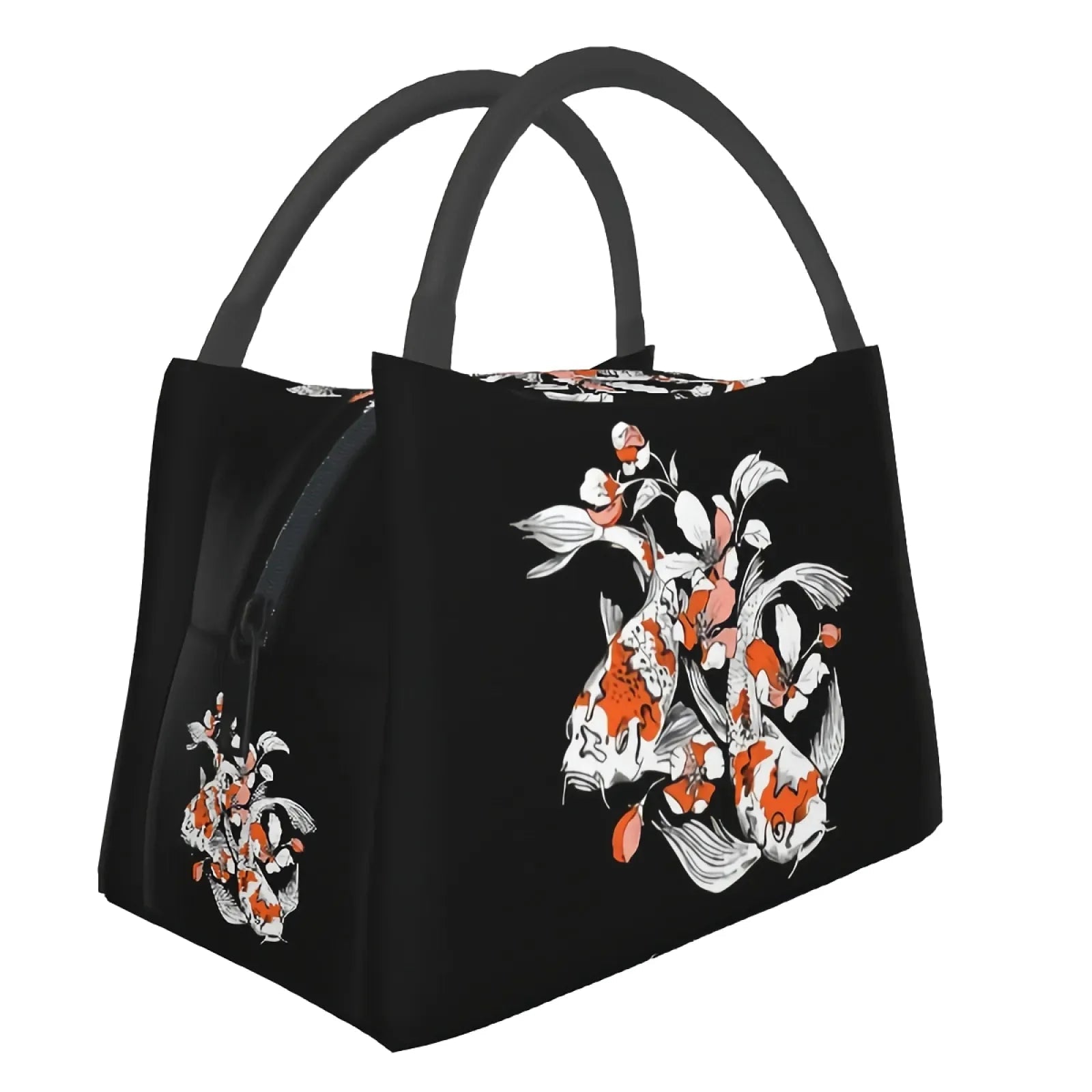 Japense-themed Koi And Sakura Black Lunch Bag-Enchanted peach