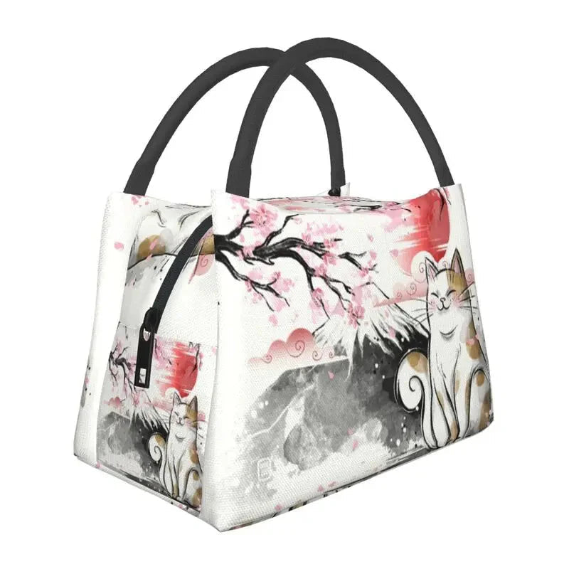 Japense-themed Sakura Mt Fuji Cat Lunch Bag-Enchanted peach