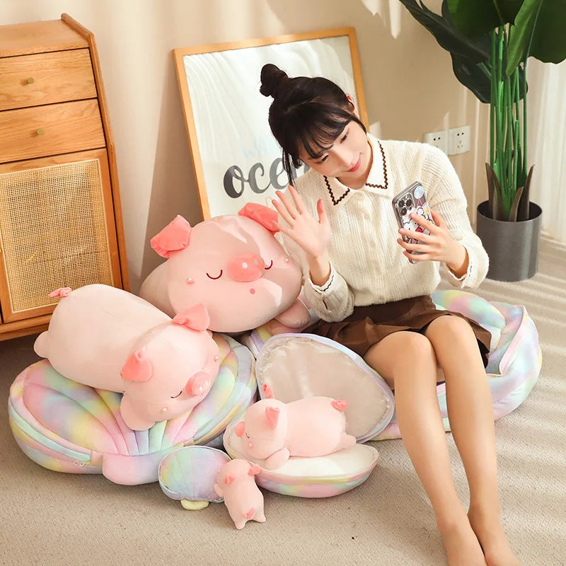 Jeju the Pig hiding in Shell Plushie-Enchanted peach