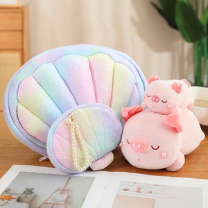 Jeju the Pig hiding in Shell Plushie-Enchanted peach