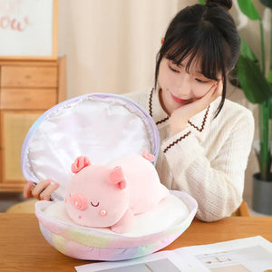 Jeju the Pig hiding in Shell Plushie-Enchanted peach