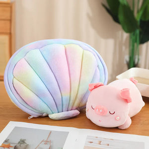 Jeju the Pig hiding in Shell Plushie-Enchanted peach