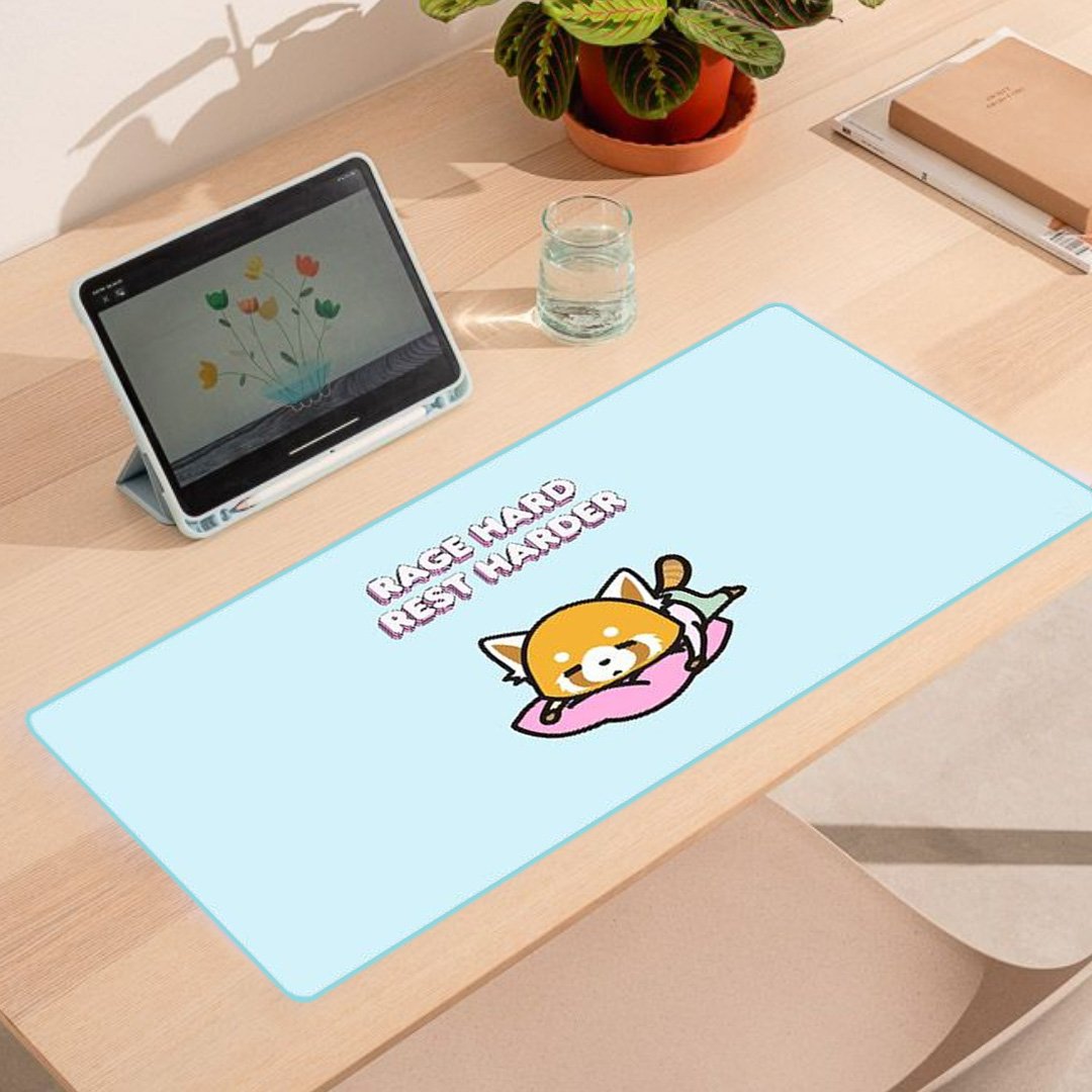 Kawaii Aggretsuko Red Panda "Rage Hard, Rest Harder" Large Mouse Pad-Enchanted peach