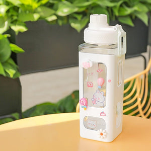 Kawaii Bear White Pink Rectangle Plastic Bottle With 3D Sticker-Enchanted peach