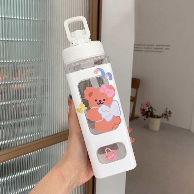 Kawaii Bear White Pink Rectangle Plastic Bottle With 3D Sticker-Enchanted peach