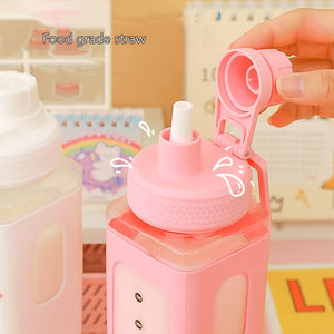 Kawaii Bear White Pink Rectangle Plastic Bottle With 3D Sticker-Enchanted peach