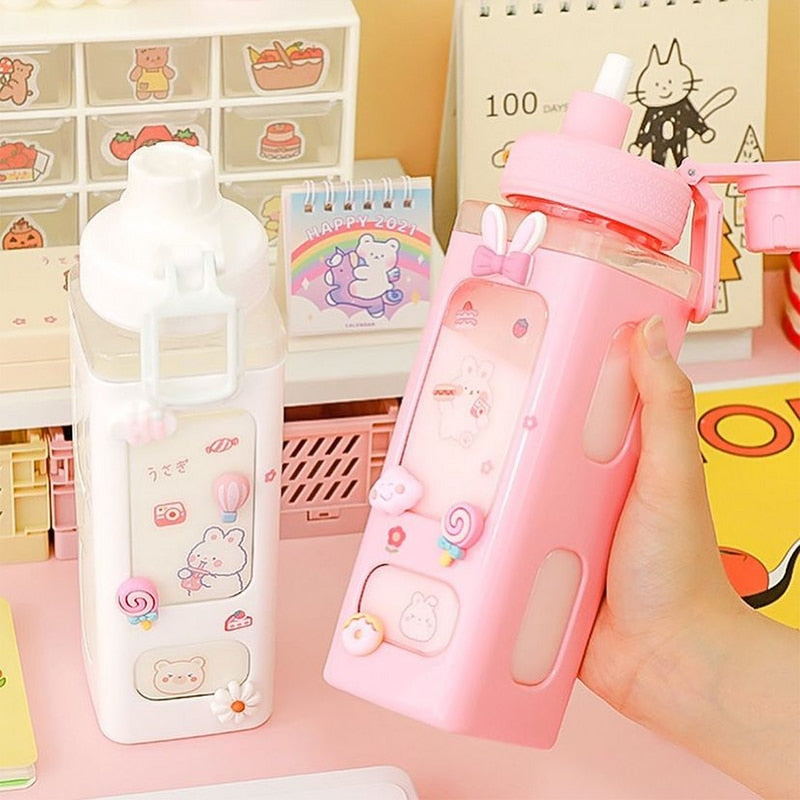 Kawaii Bear White Pink Rectangle Plastic Bottle With 3D Sticker-Enchanted peach