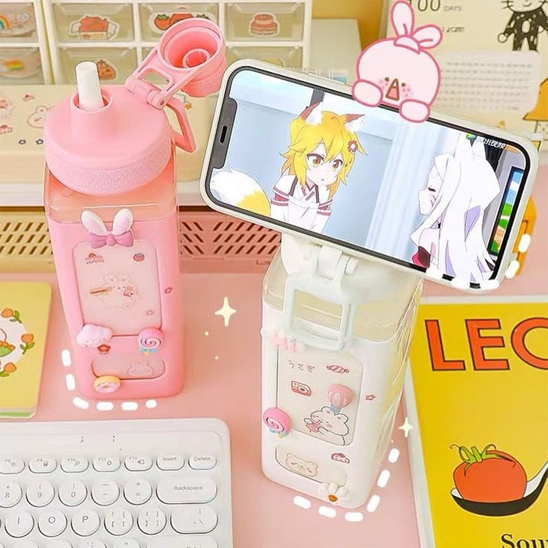 Kawaii Bear White Pink Rectangle Plastic Bottle With 3D Sticker-Enchanted peach